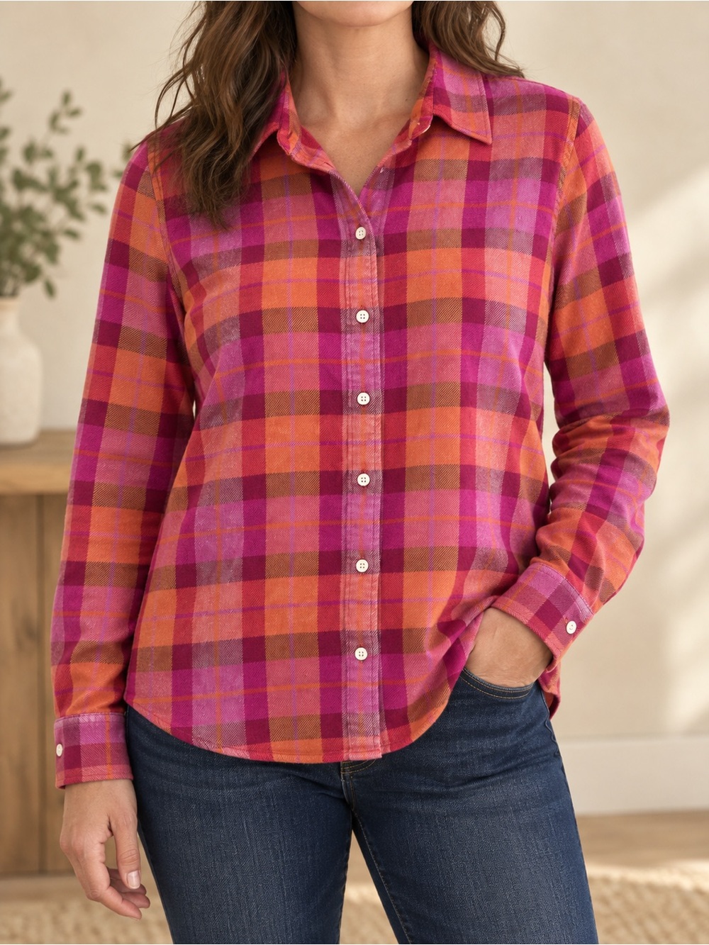 Lands' End Women's Pink & Orange Plaid Button-Down Flannel Shirt Size Large NWOT
